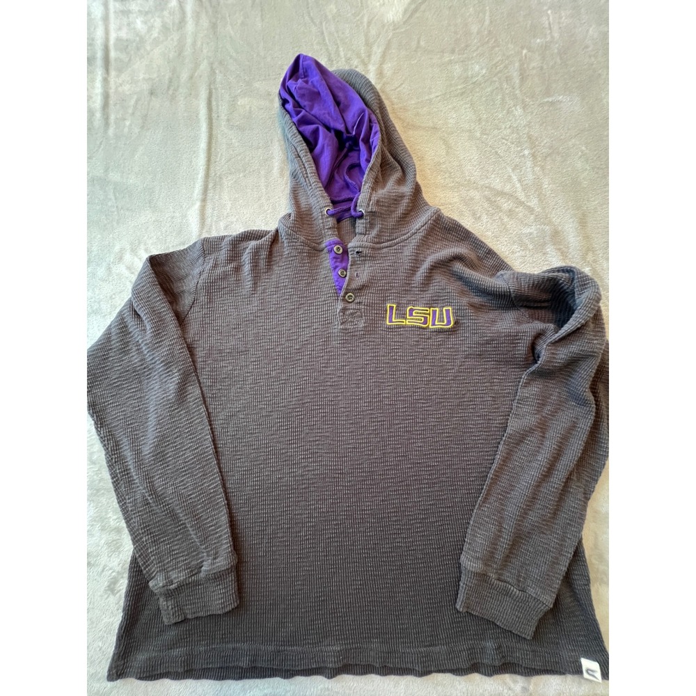 Colosseum LSU Tigers Hoodie Mens XL Gray Purple Waffle Knit Thermal Henley Hood